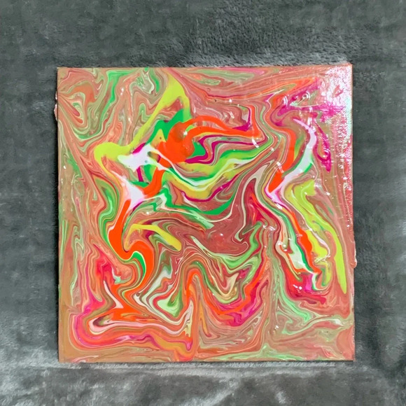 Original Paint Pour with neon pink, coral, green, yellow, & white on 8x8 canvas - Picture 2 of 7